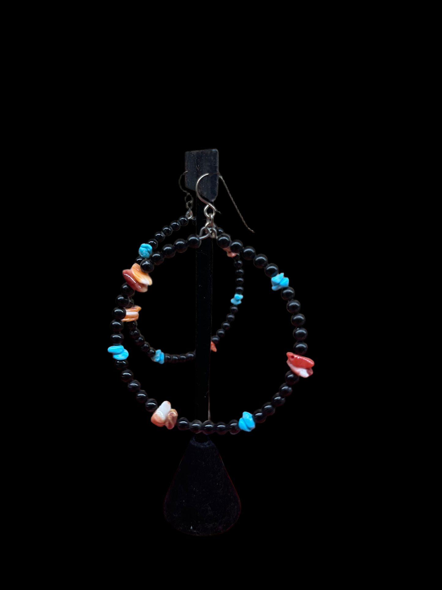 Spiny Oyster Shell, Natural Sleeping Beauty Turquoise, and Black Onyx Beads Hoop Earrings