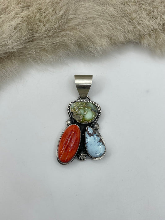 Sonoran Gold, Golden Hills & Spiny Oyster 3 Stone Pendant by Boyd J. Ashley, Navajo