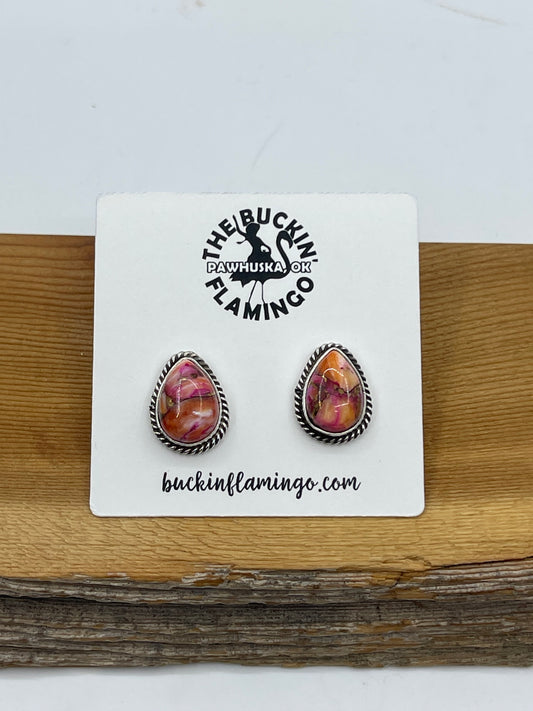 Orange Dahlia Teardrop Post Earrings by Trish Largo, Navajo