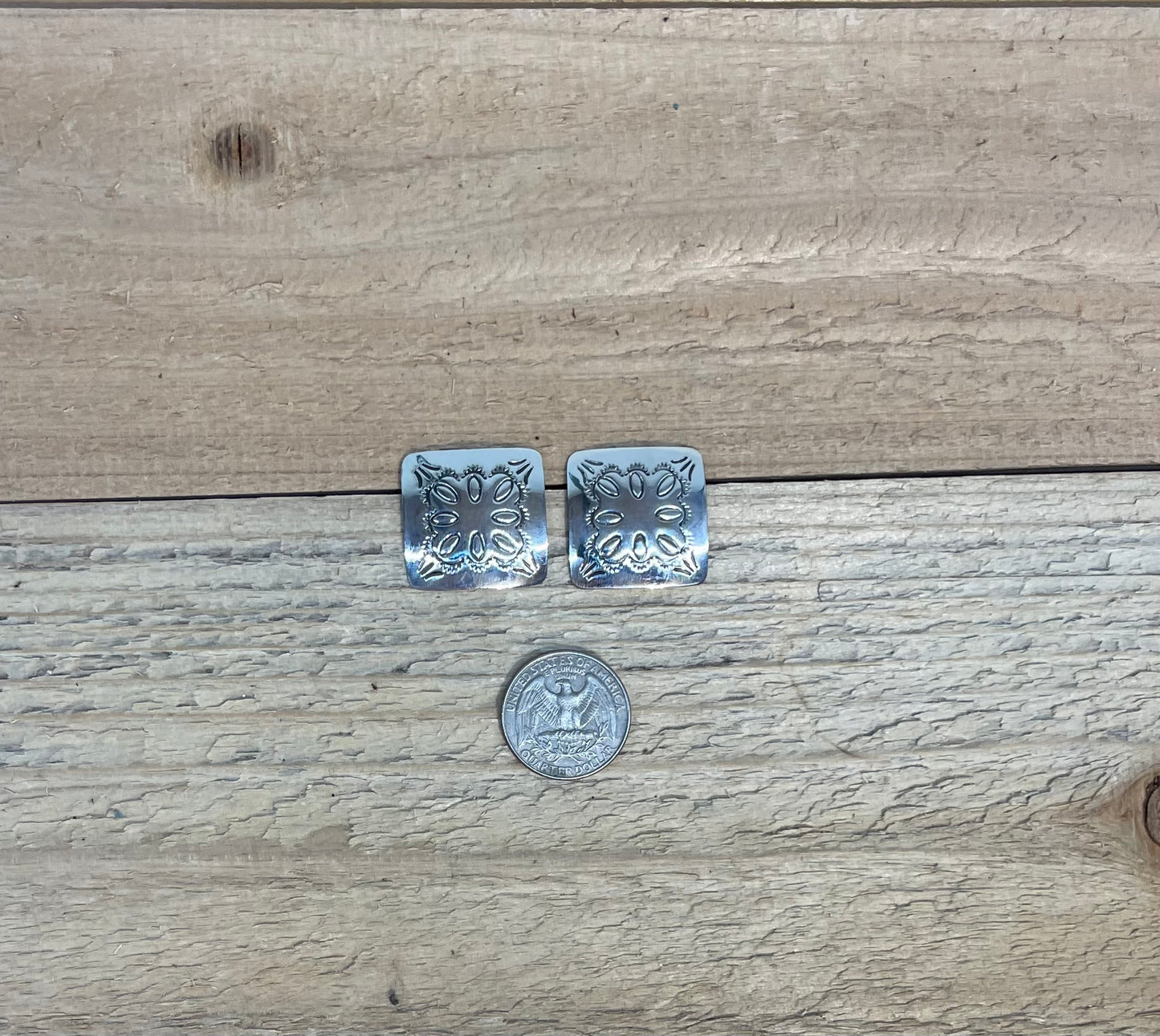 Stamped Bright Sterling Silver Square Post Earrings by H. Joe, Navajo