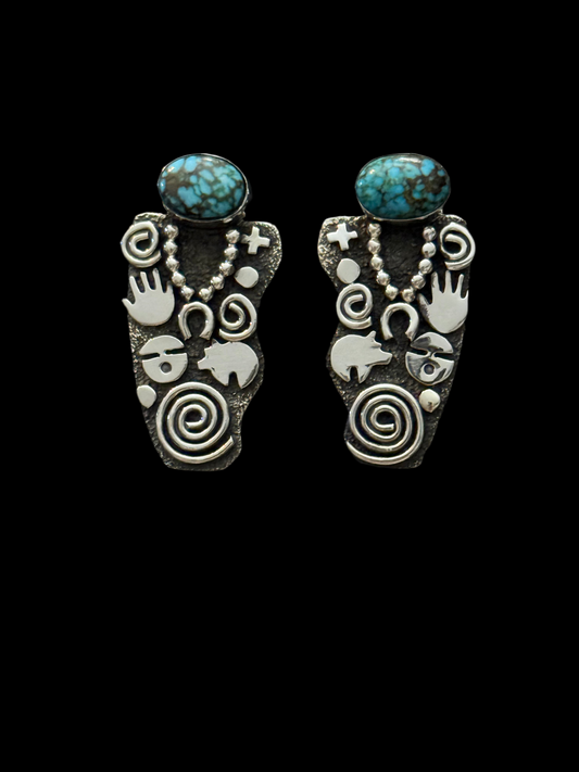 Petroglyph Earrings with Kingman Web Turquoise by Alex Sanchez, Navajo