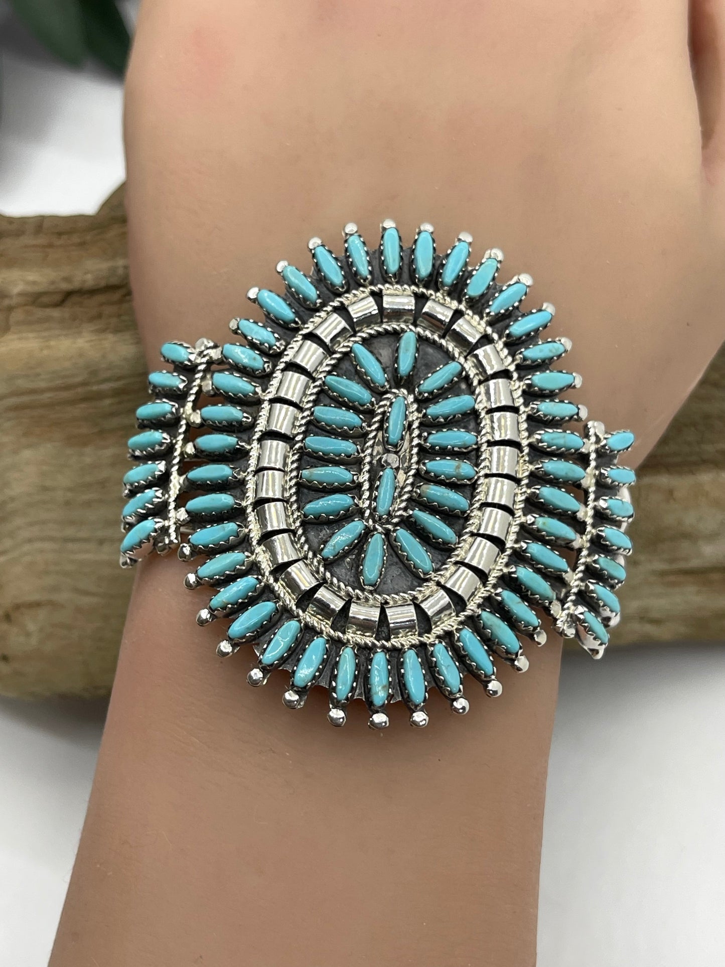 6"-7" Sleeping Beauty Turquoise Needlepoint Cuff by Norman & Rose Nez, Zuni