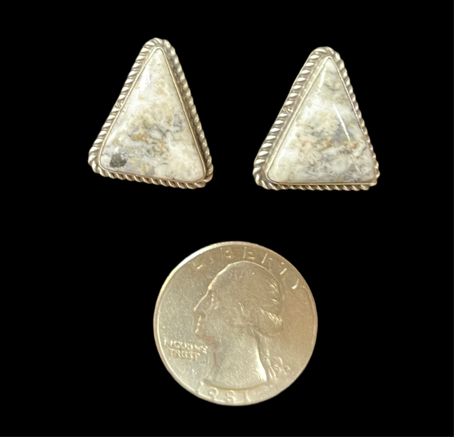 White Buffalo Triangle Post Earrings by Judith Dixon, Navajo