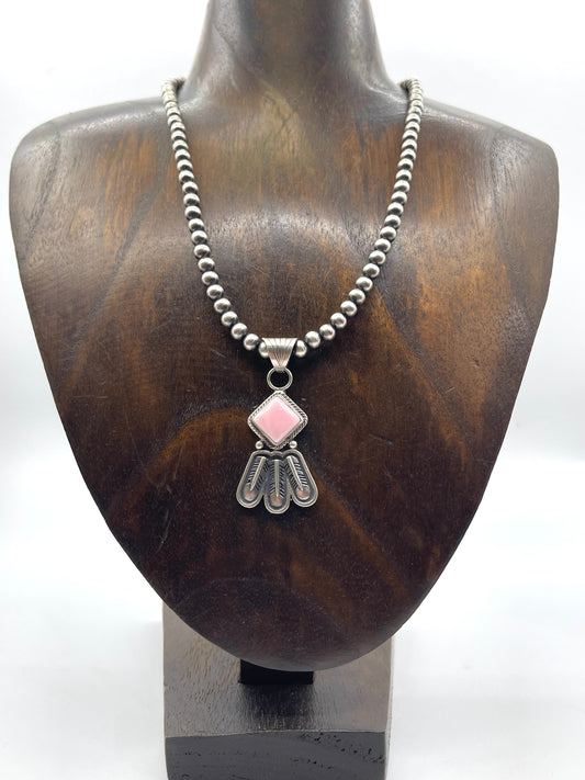 16" 5mm Navajo Style Pearls with Pink Conch Shell 3 Feather Pendant by Sharon McCarthy, Navajo