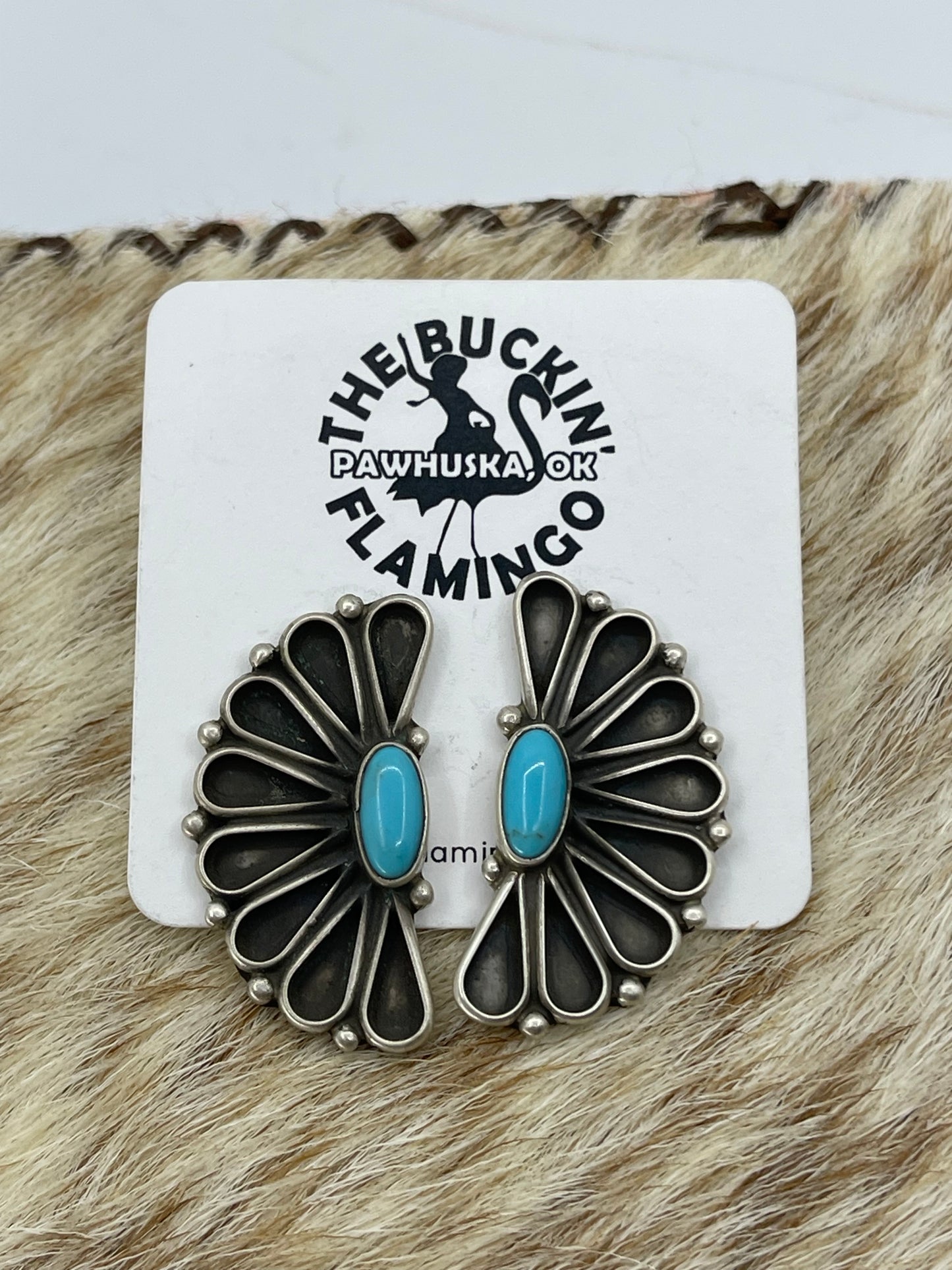Kingman Turquoise Half "Fan" Post Earrings by Geraldine James, Navajos
