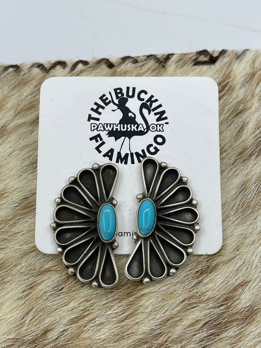 Kingman Turquoise Half "Fan" Post Earrings by Geraldine James, Navajos