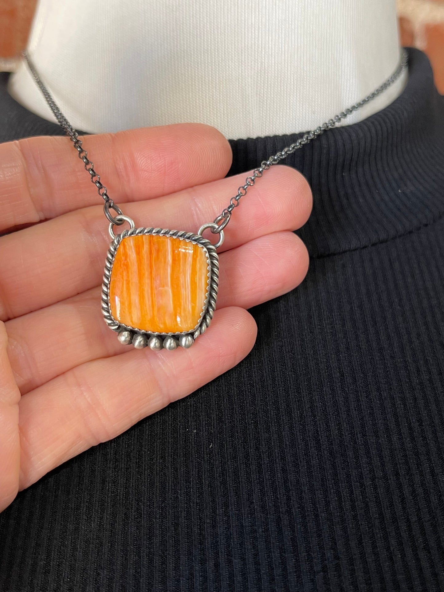 LOT 5 A 1/18 16" Orange Spiny Oyster Shell Square Necklace by Freda Martinez, Navajo