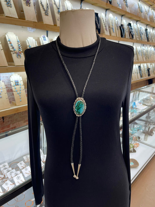 Azurite Chrysocolla Bolo Tie by Joelias Draper, Navajo
