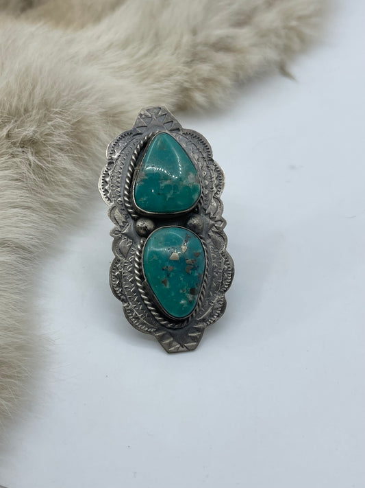 9.0 2 Stone Turquoise Ring by Boyd J. Ashley, Navajo