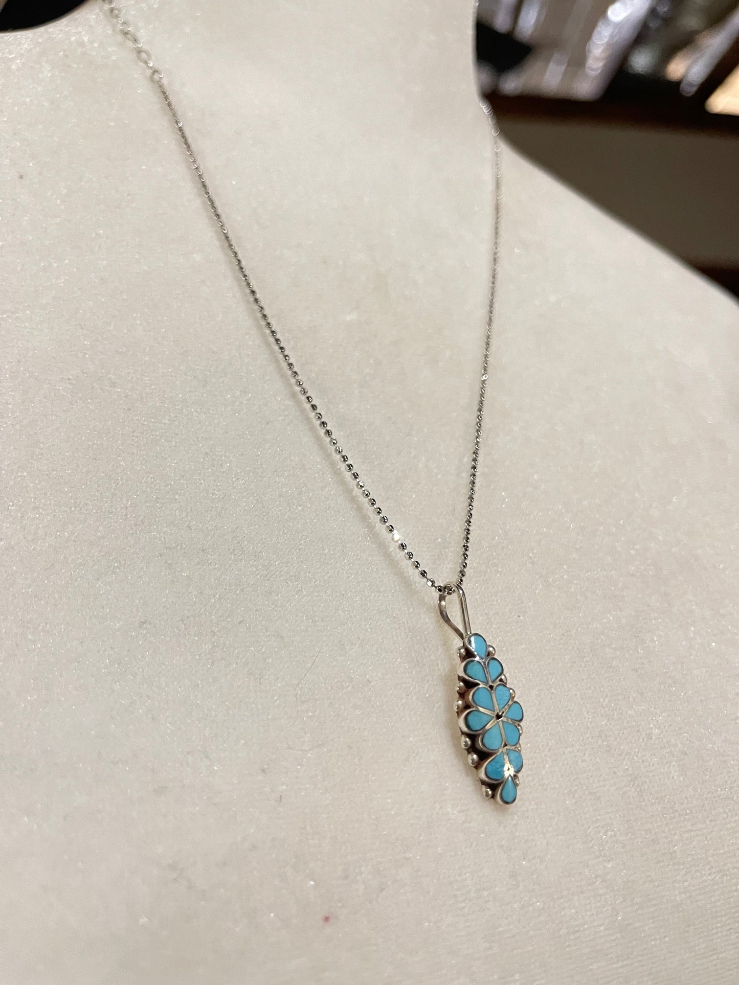 18"+3" Turquoise Inlay Flower Bunch Necklace by Bernadette Hattie, Zuni