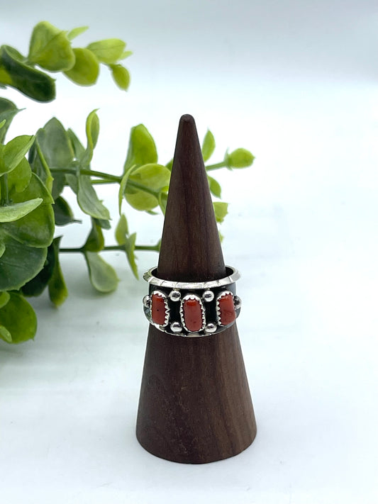 11.0 Red Coral 3 Stone Ring by Reed Charley, Navajo