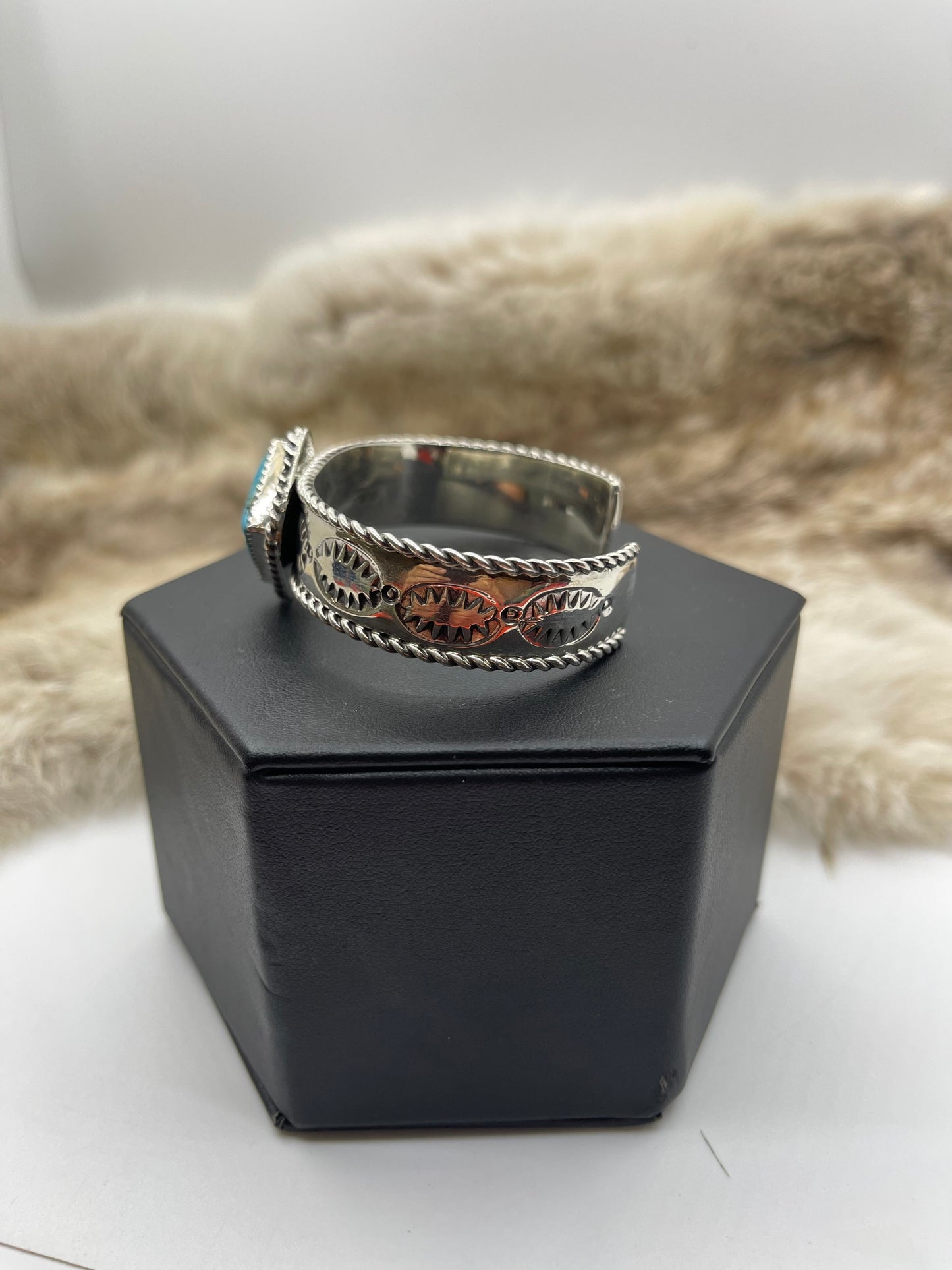 6.25”-6.75” Turquoise “Dice” Ace Cuff with Stamping by Jason Bahe, Navajo