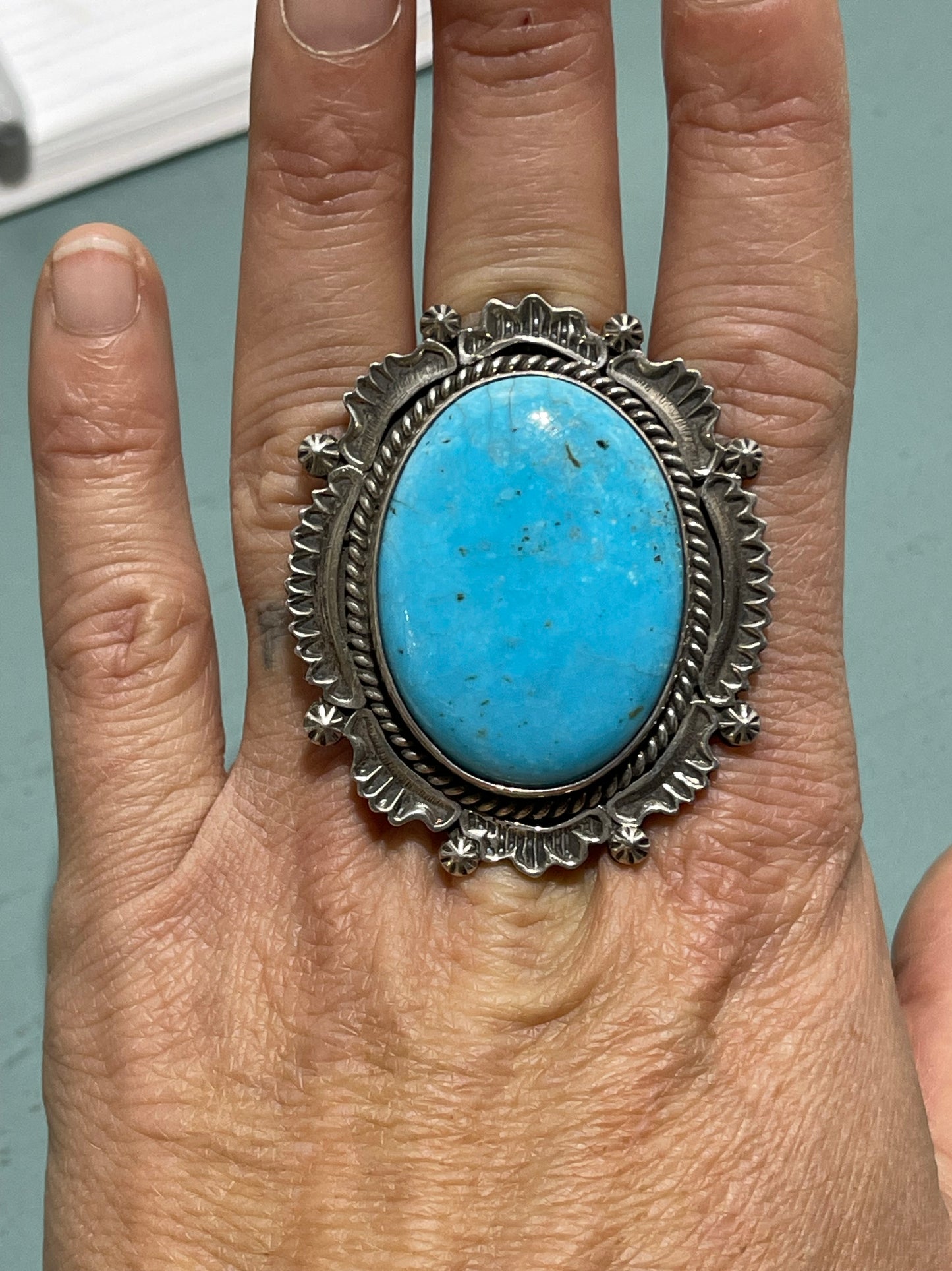 9.5 Oval Kingman Turquoise Ring By Harold Joe, Navajo