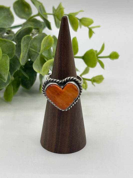 Orange Spiny Oyster Heart Ring by Loretta Chee, Navajo