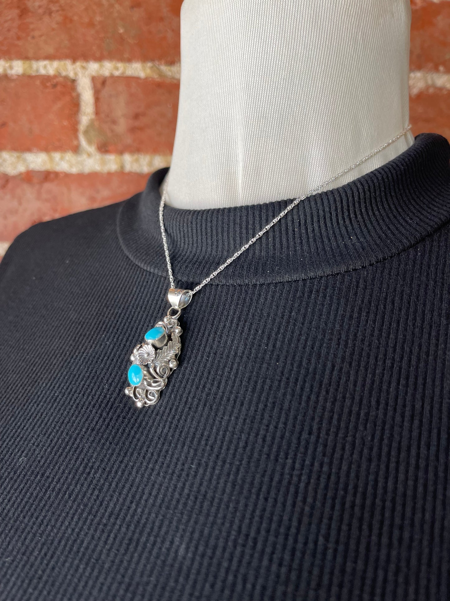 16" Two Stone Turquoise Floral Pendant Necklace by C. Yazzie, Navajo