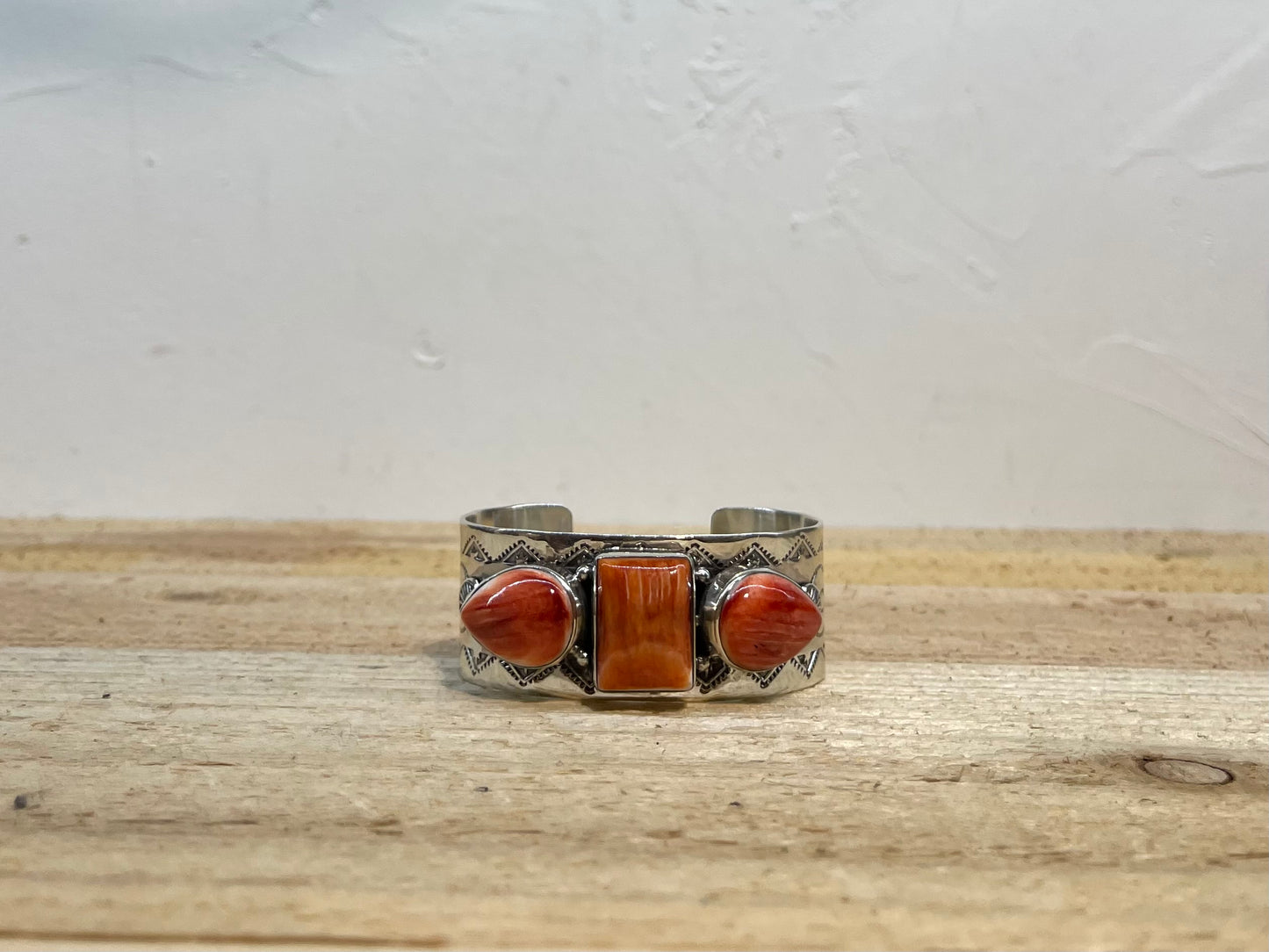 Spiny Oyster Shell 3-Stone Stamped Cuff by Zia