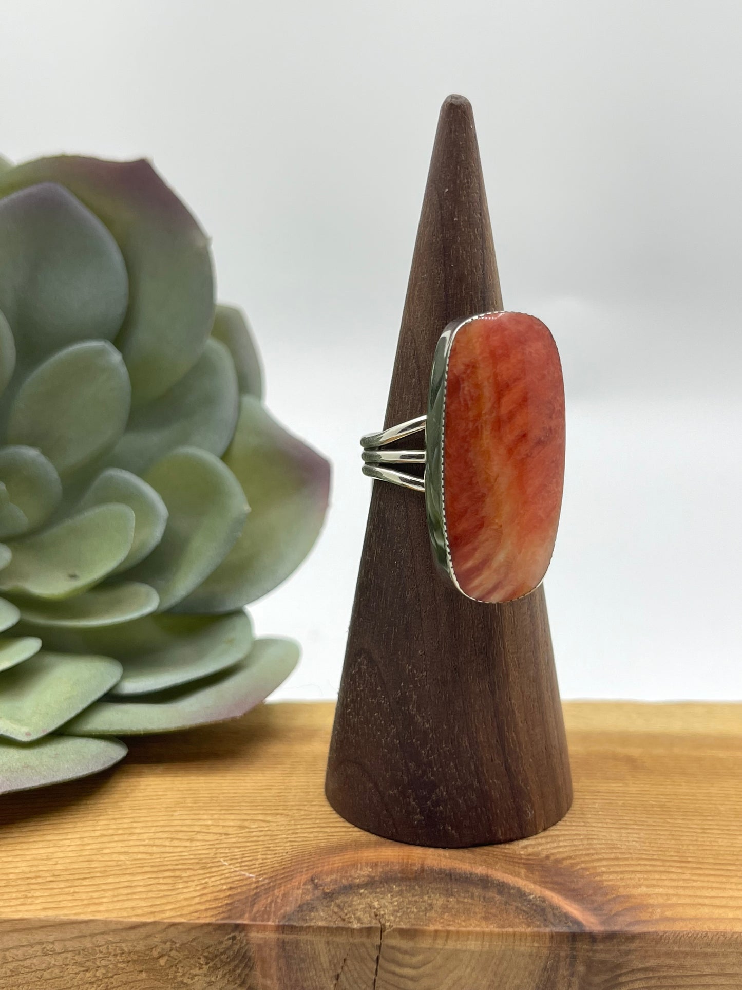 7.0 Orange Spiny Oyster Shell Ring by Mina Benally, Navajo