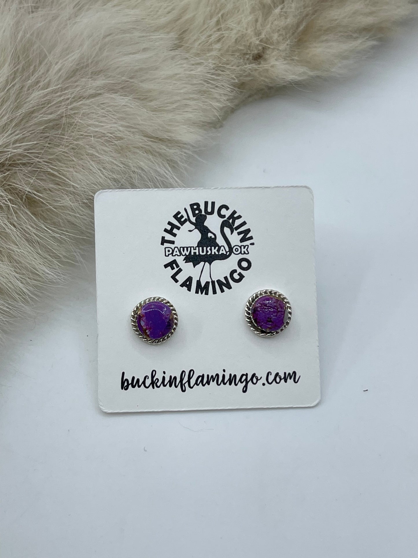 ORANGE CRUSH WITH PURPLE STUD EARRINGS BY MARCHELLE QUALO, ZUNI