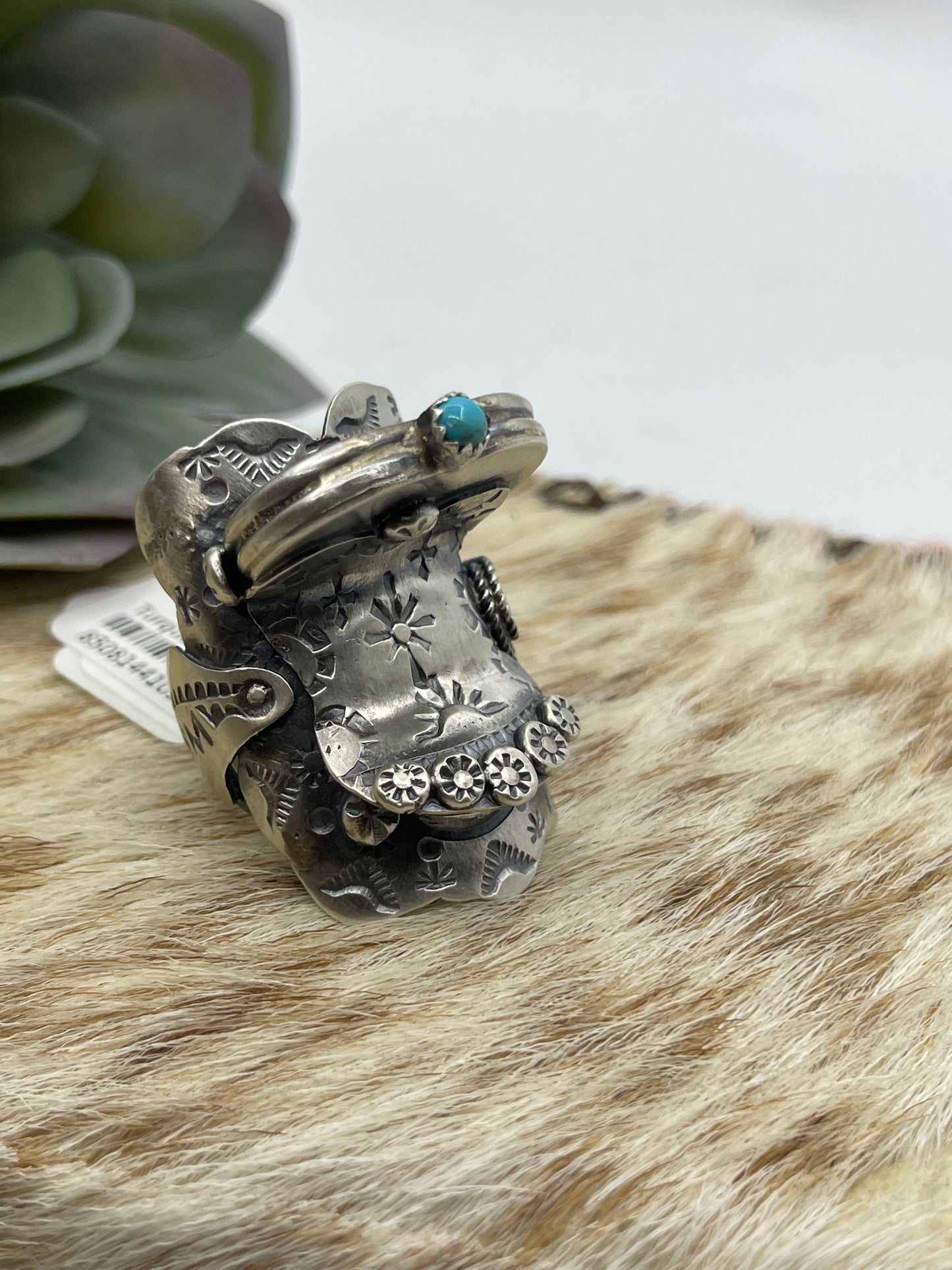 11.0 Silver Saddle Ring with Turquoise Stone by Tim Yazzie, Navajo