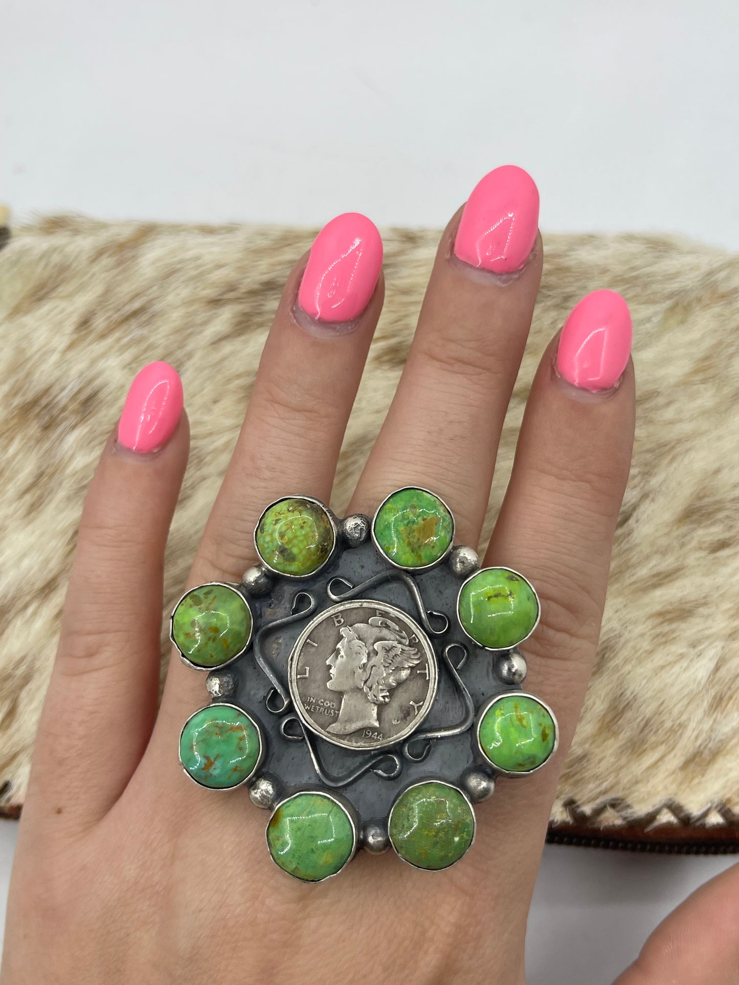 1944 Silver Dimes and Sonoran Gold Cluster by Phil Nez, Navajo, Size 8.0