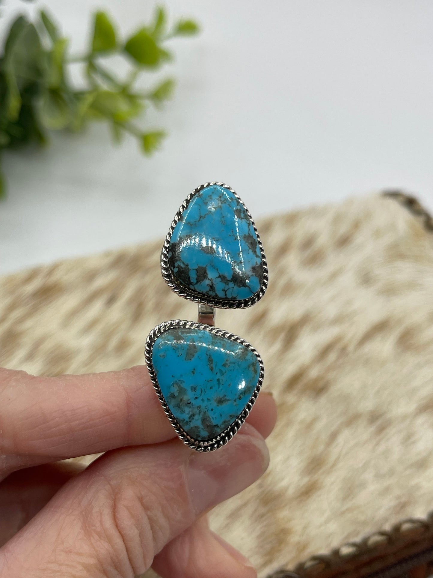 5.0 & 6.0 Double Finger Turquoise Ring by Bucky Belin, Navajo