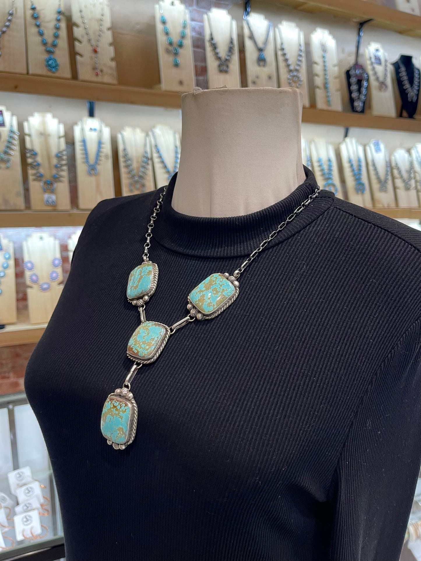 20”+3” #8 Turquoise Square Lariat Necklace Drop & Earring Set by Augustine Largo, Navajo