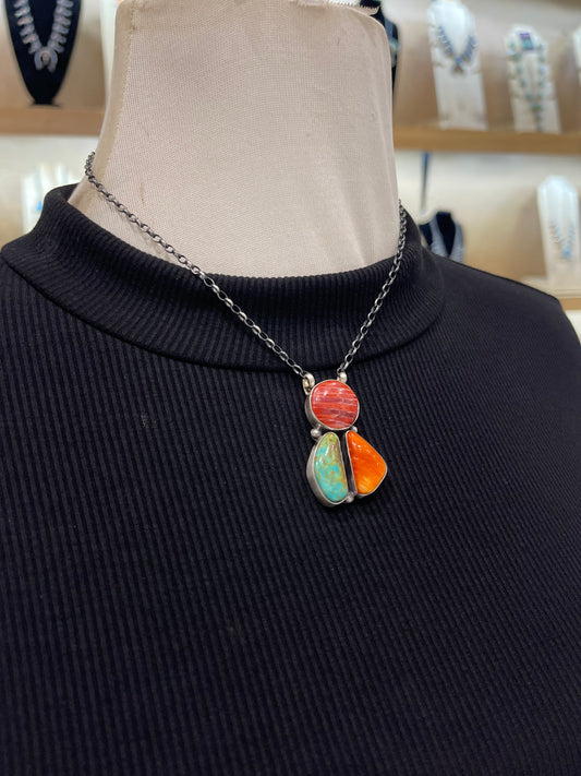 16" Multi-Colored 3 Stone Cluster Necklace by Donovan Skeet, Navajo