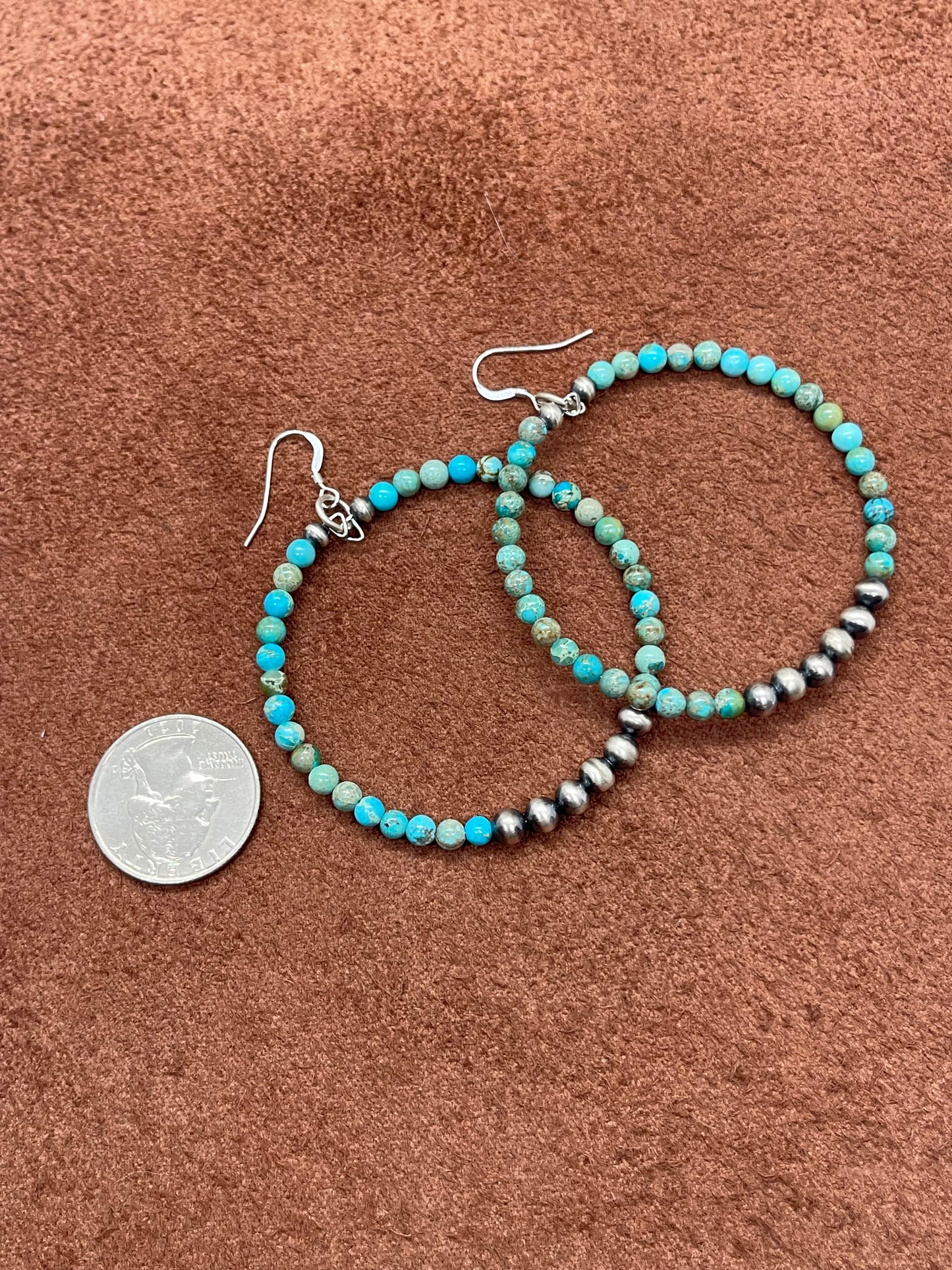 Turquoise and Handmade Navajo Pearls Hoop Dangle Earrings by Louise Joe, Navajo