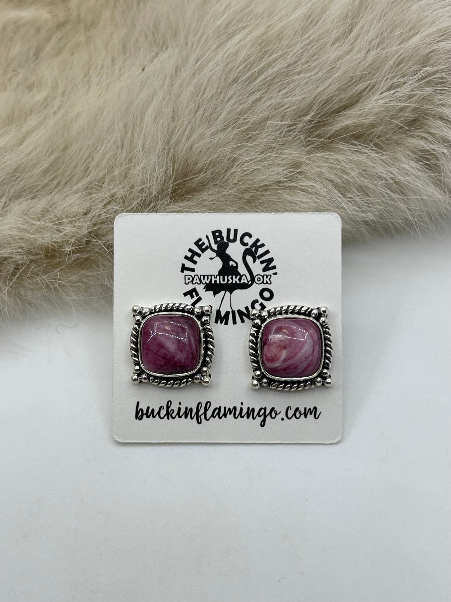 Square Post Purple Spiny Oyster Earrings Post in Center