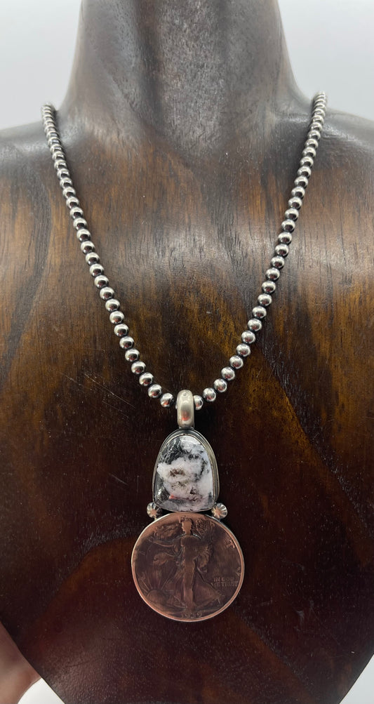 1939 Standing Liberty Half Dollar Coin with White Buffalo Turquoise Pendant with 18” Navajo pearls