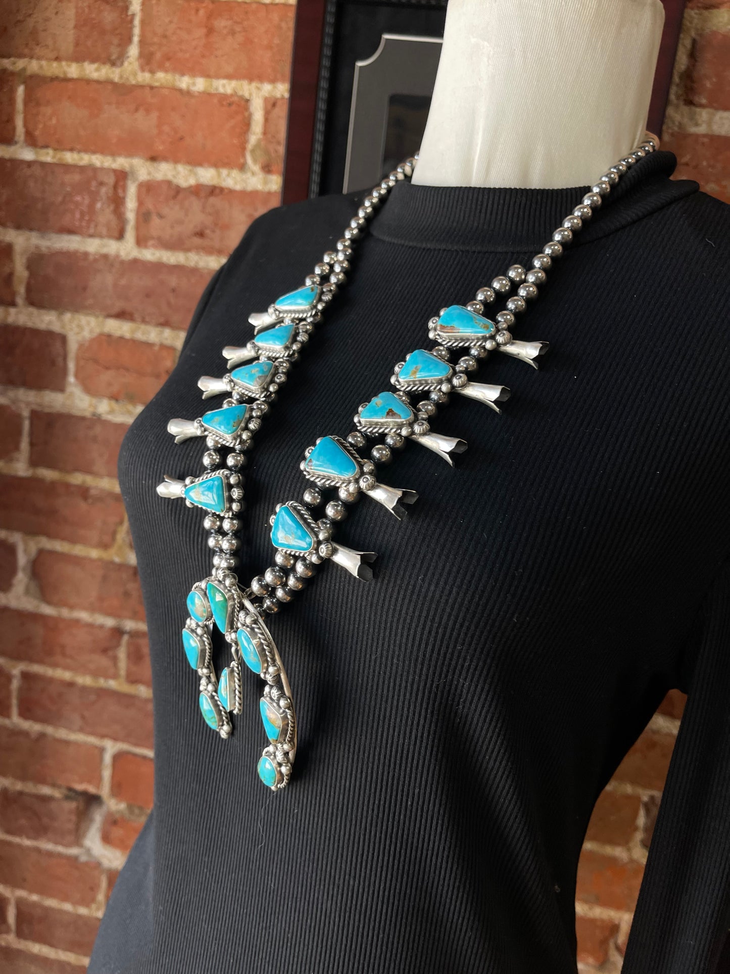 30" Sonoran Gold Turquoise Squash Blossom with 7mm Navajo Pearls by Tom Lewis, Navajo