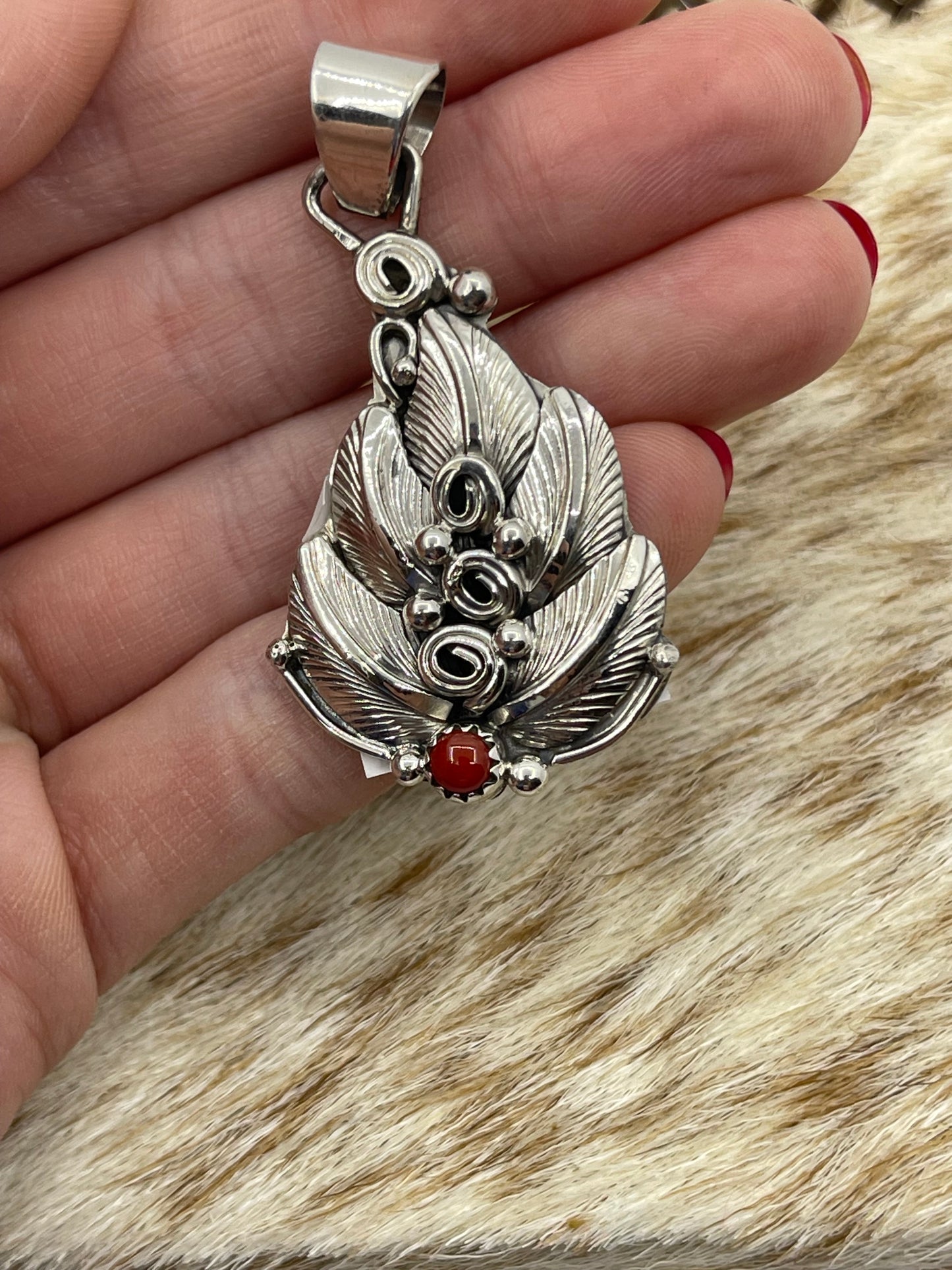 Red Coral Feather Pendant with a 5.8mm Bale by Darrell Morgan, Navajo