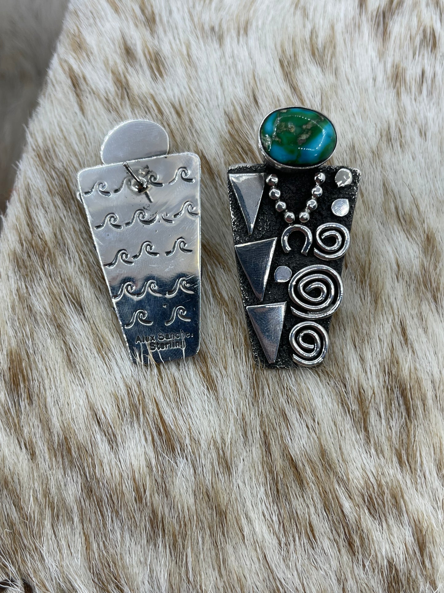 Petroglyph Earrings with High Grade Kingman Turquoise by Alex Sanchez, Navajo