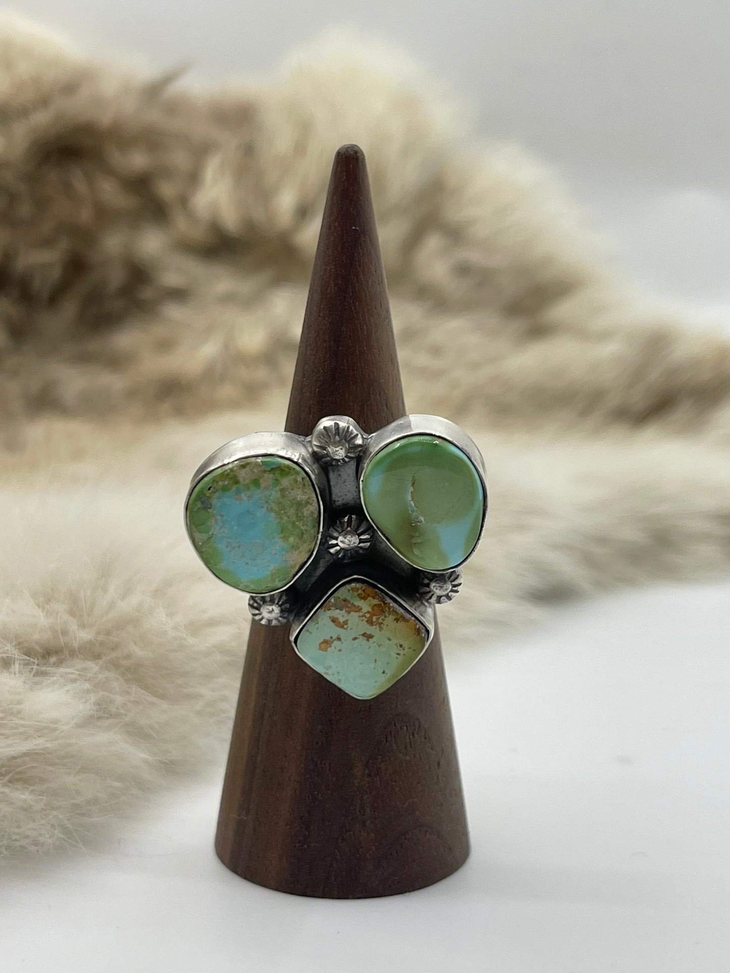 3 Stone Sonoran Gold Turquoise Adjustable (7.0-10.0) Ring by Happy Piasso, Navajo