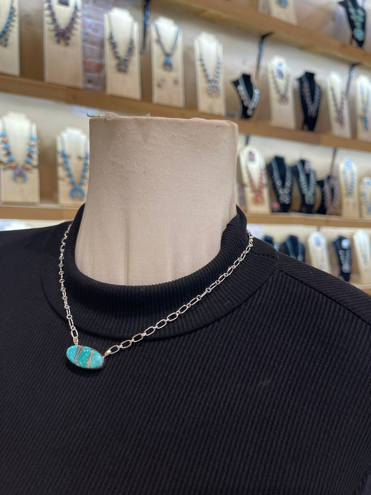 18" Turquoise & Silver Inlay Necklace by Charleston Willie, Navajo