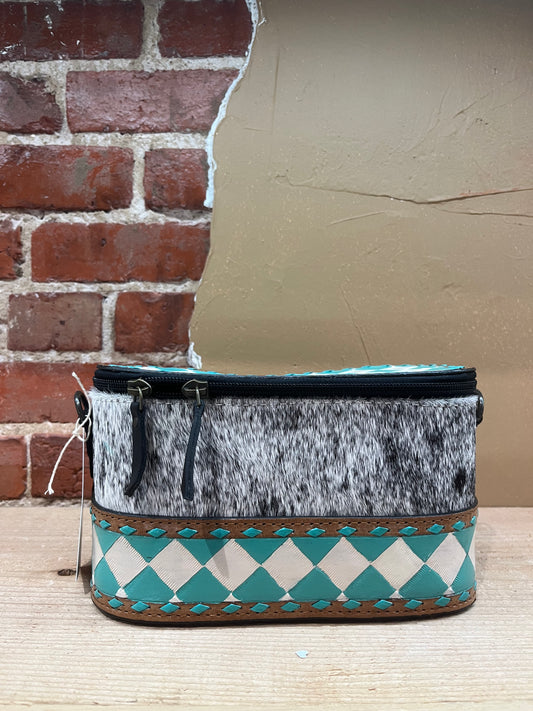 Cowhide and Leather Teal and Black Checkered Makeup Bag