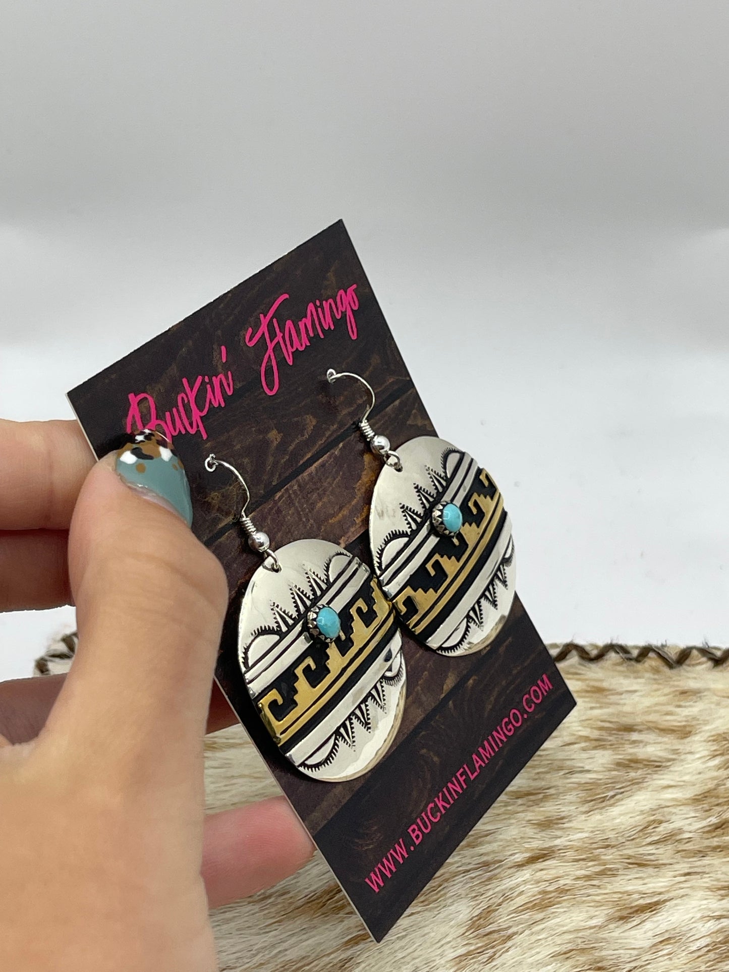 Circle Brass and Silver Turquoise Dangle Earrings by Tommy and Rose Singer, Navajo