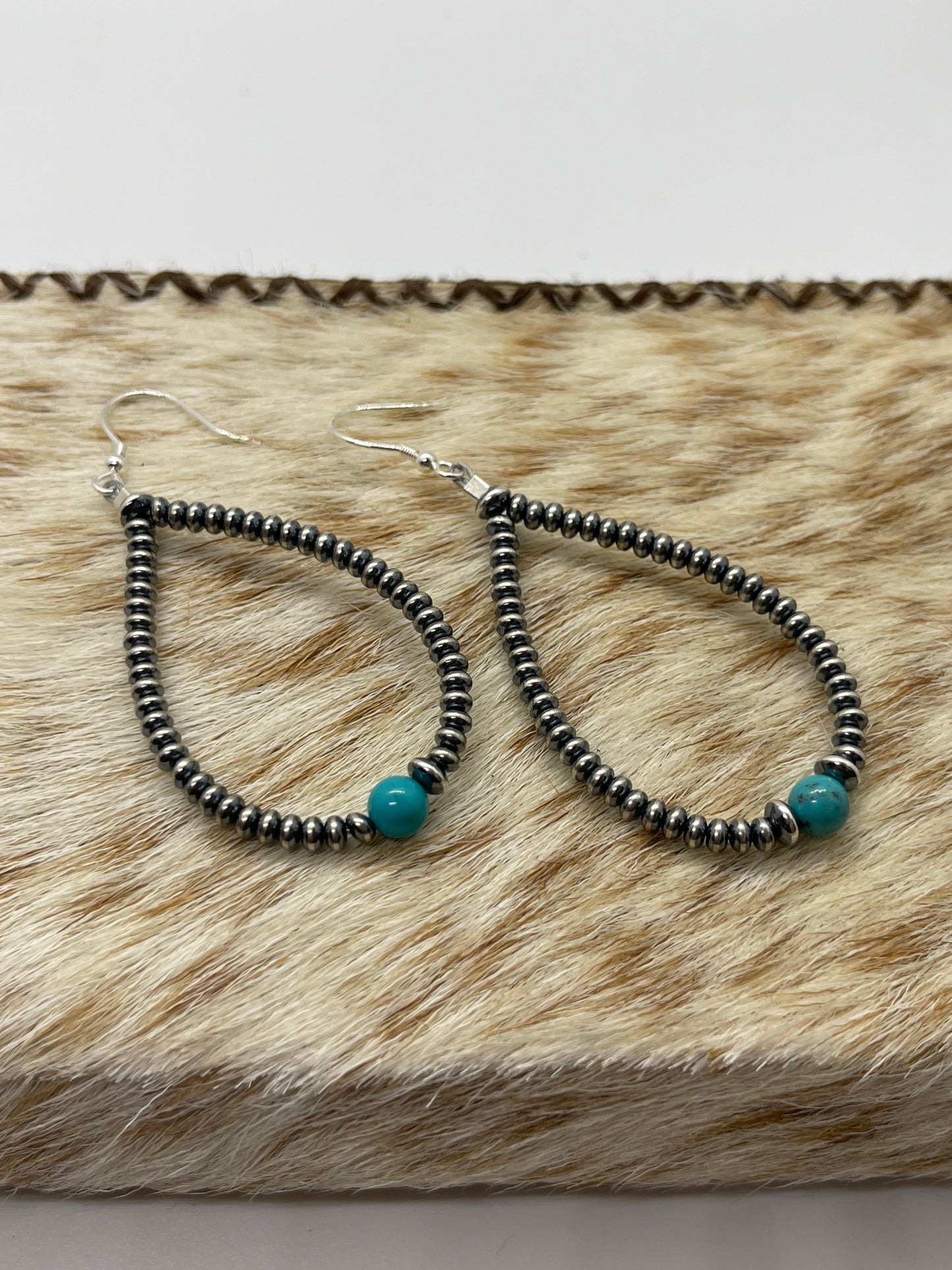 3mm Rondelle Navajo Pearl Teardrop Dangle Earrings with Turquoise, Navajo