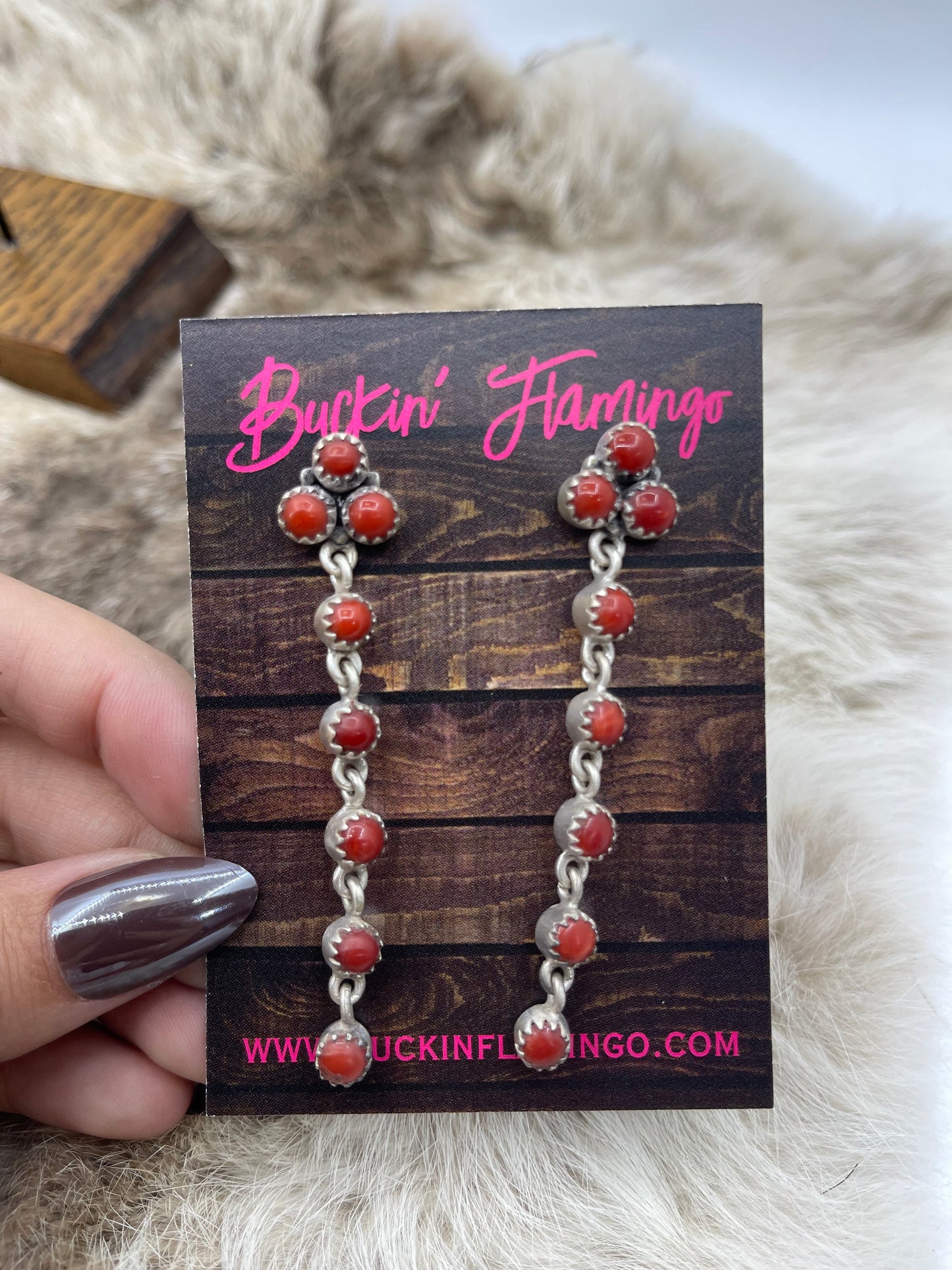 Red Coral Cluster Long Dangle Earrings