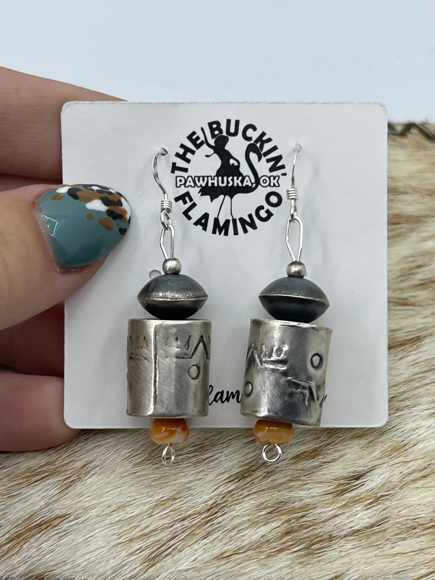 Handmade Orange Spiny Barrel Navajo Pearl Beaded Dangle Earrings by Shelby Montoya, Navajo