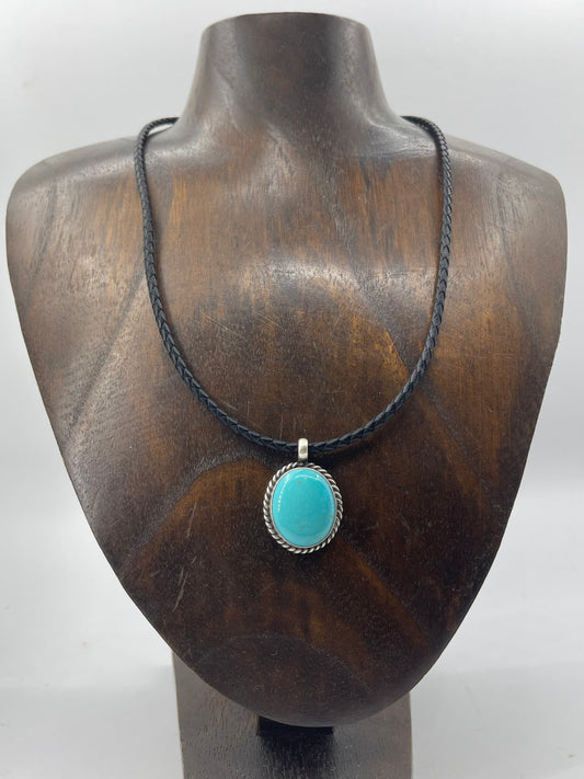 Kingman Turquoise Leather Necklace by Johnny Dixon, Navajo