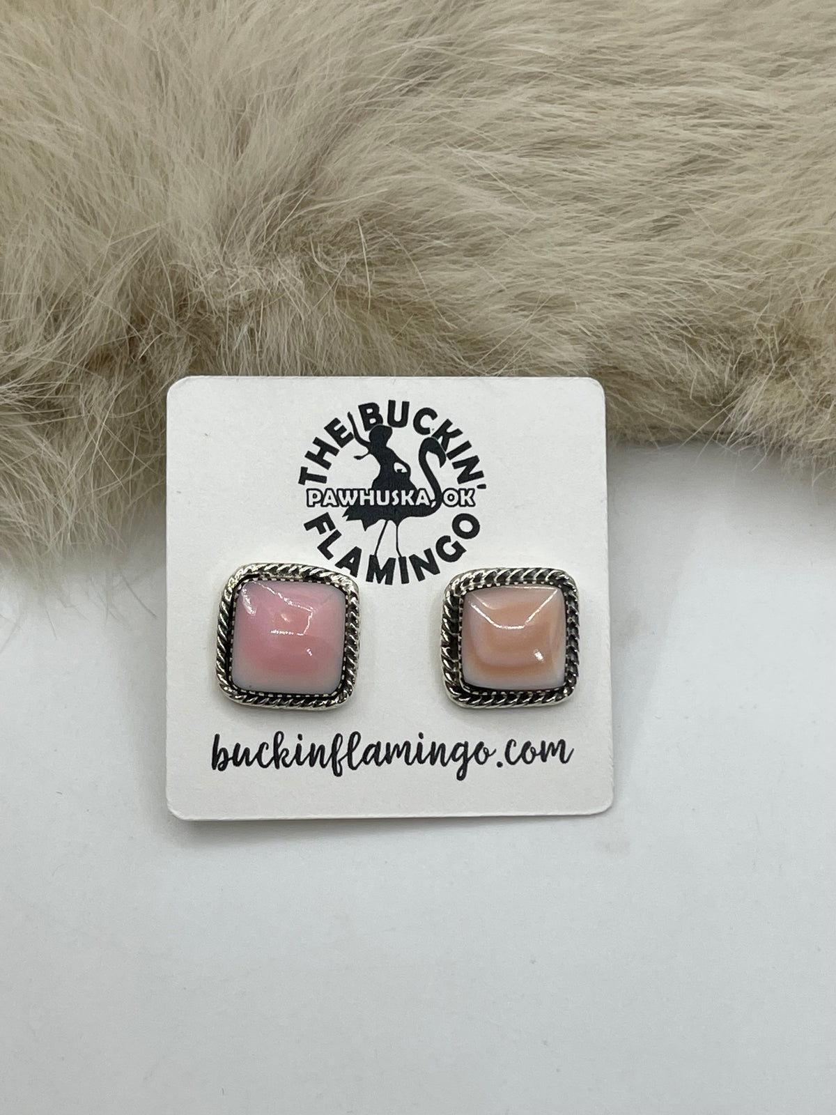 Square Pink Conch Shell Earrings by David Lopez, Navajo
