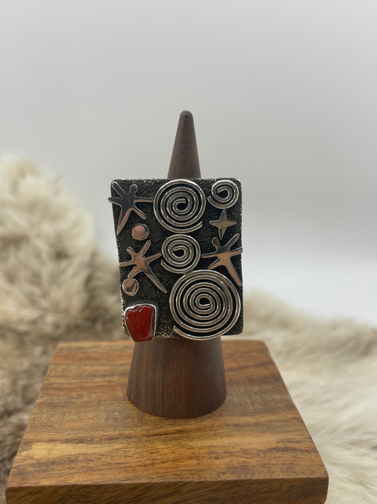 7.5 Red Coral Ring by Alex Sanchez, Navajo