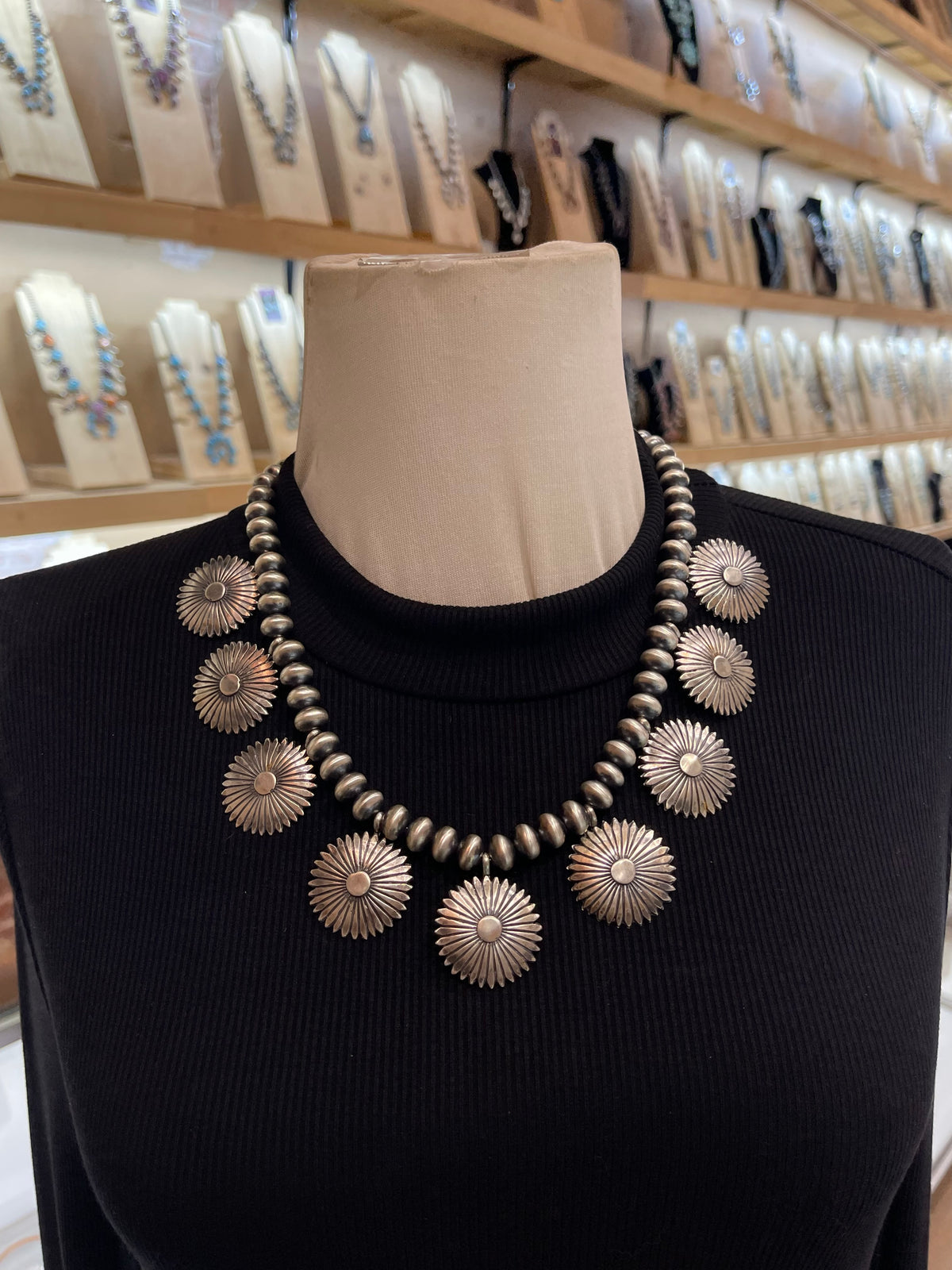 20" Handmade Navajo Pearls 10mm with Silver Conchos Necklace by Rita Largo, Navajo