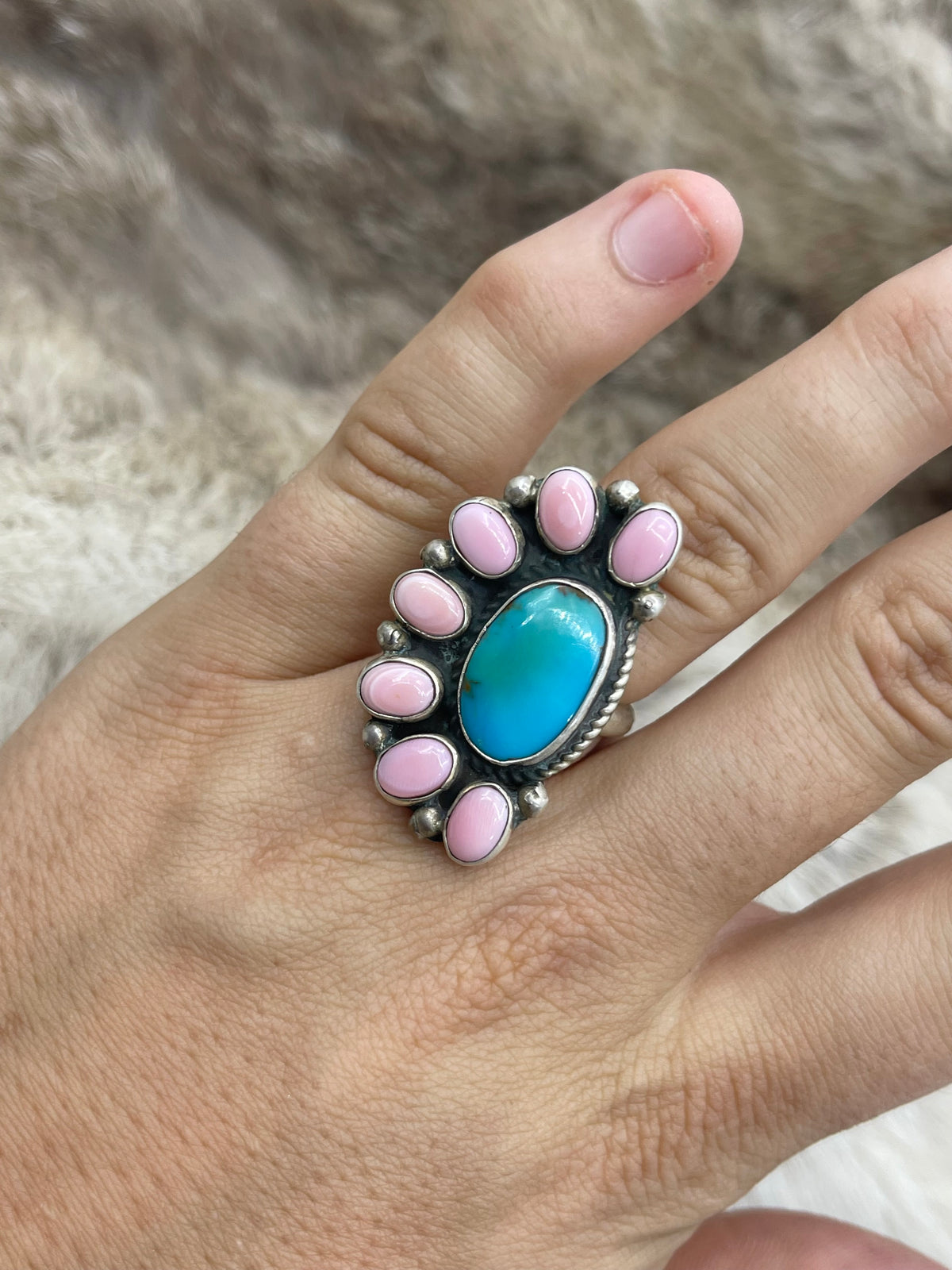 7.0 Half Cluster Turquoise & Pink Conch Shell Ring by Geraldine James, Navajo
