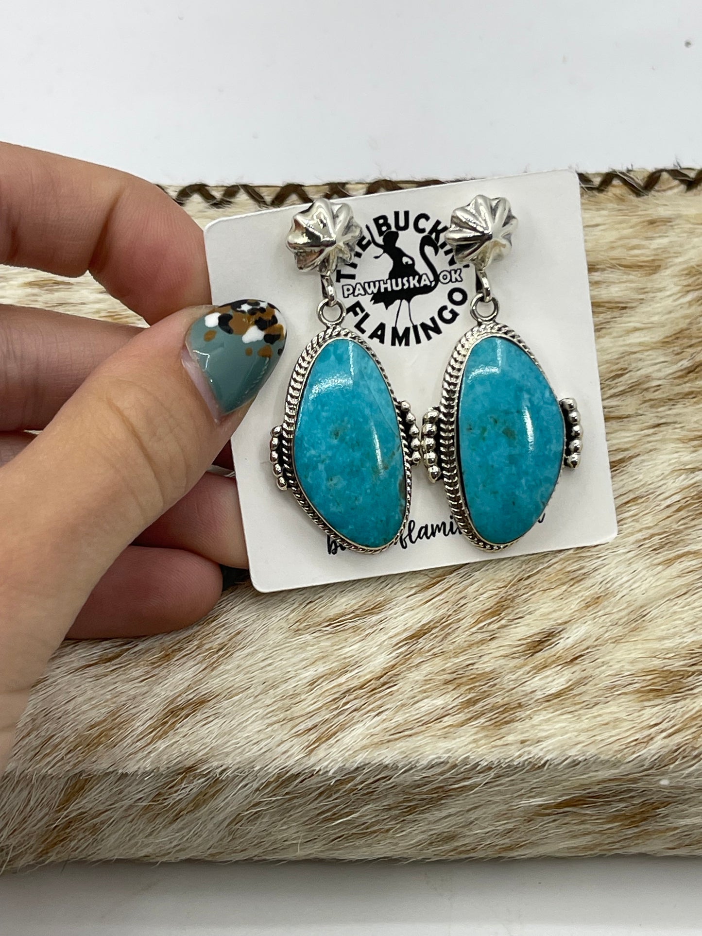 Kingman Turquoise Star Post Dangle Earrings by Raymond Yazzie, Navajo