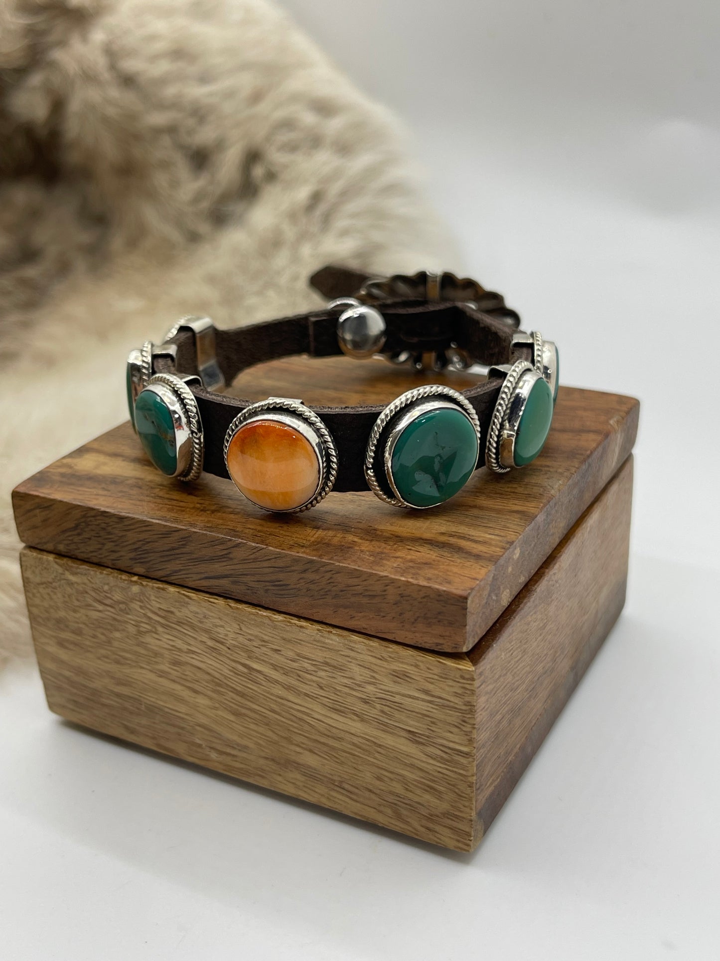 6.25”-9” 7 Stone Turquoise & Spin Oyster Bracelet on Leather by “BW”, Navajo