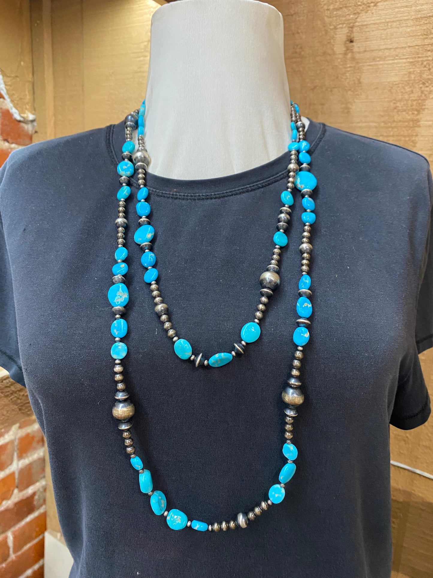 60" Graduated Navajo Pearls and Sleeping Beauty Turquoise Disc Beads