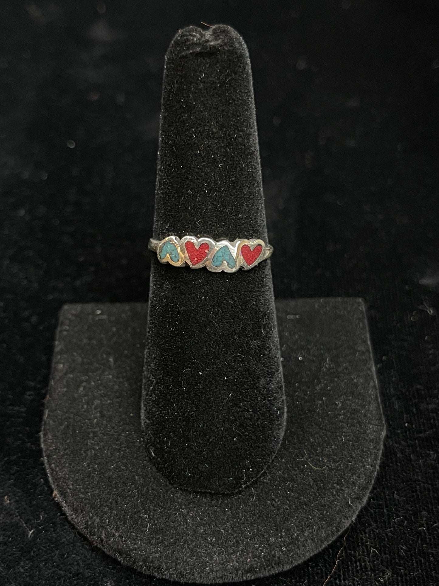 Turquoise and Coral Chip Inlay Heart Ring