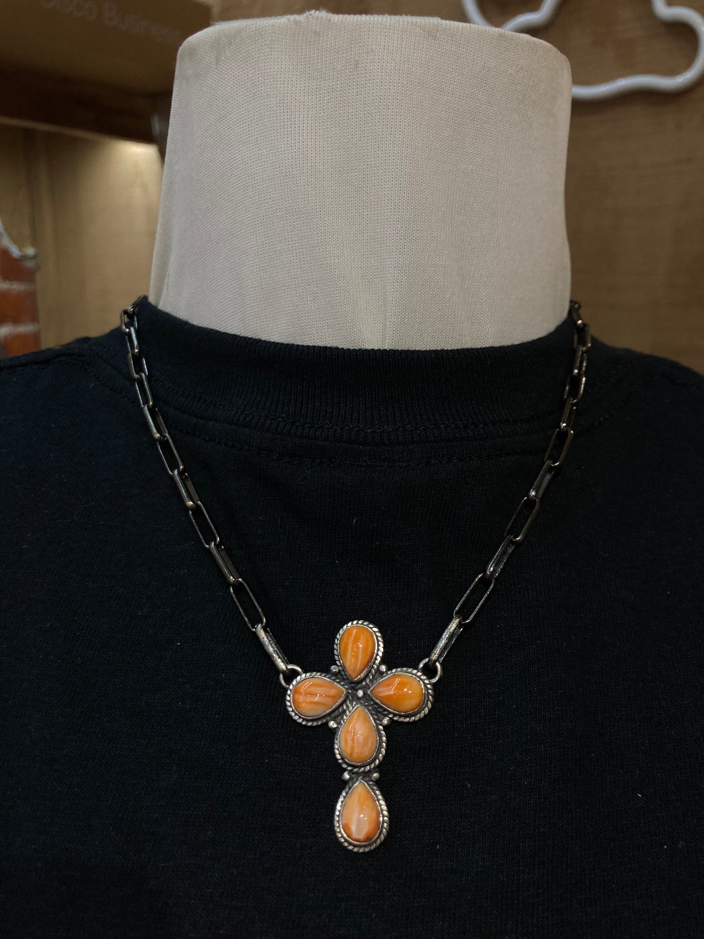 16" Orange Spiny Oyster Shell Cross Necklace